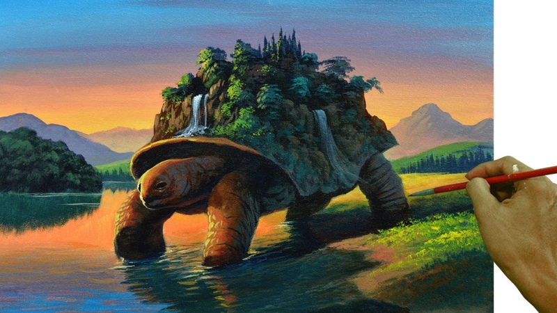 Acrylic Landscape Painting Tutorial, Old Giant Tortoise, Surreal